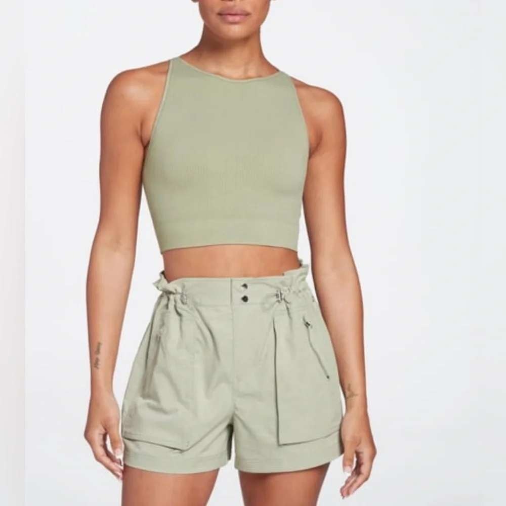 CALIA Textured Waffle Knit Crop Tank Top Shelf Bra XL Green Seamless WAX17366